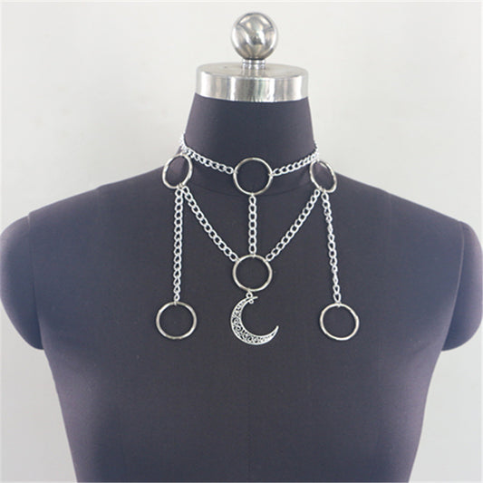 2025  MW2885 2025 necklace fashion alloy hollow crescent small ring pendant metal chain necklace neck jewelry