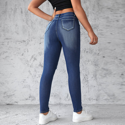 VAKKV Factory direct sales popular 2025 New elastic ripped jeans female slim hip lift high waist washed trousers spot