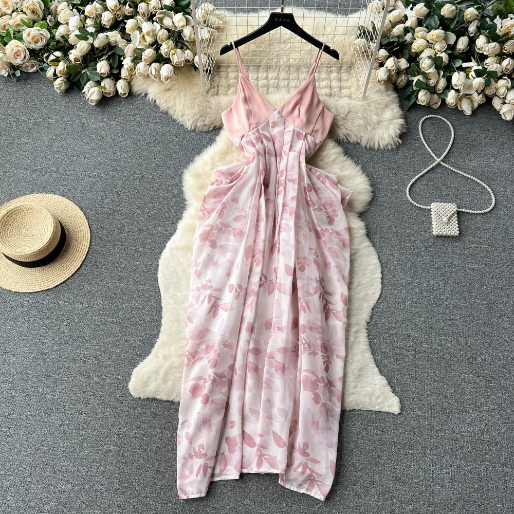 VAKKV Sexy V-neck backless dress female ink painting new suspenders irregular holiday dress P238