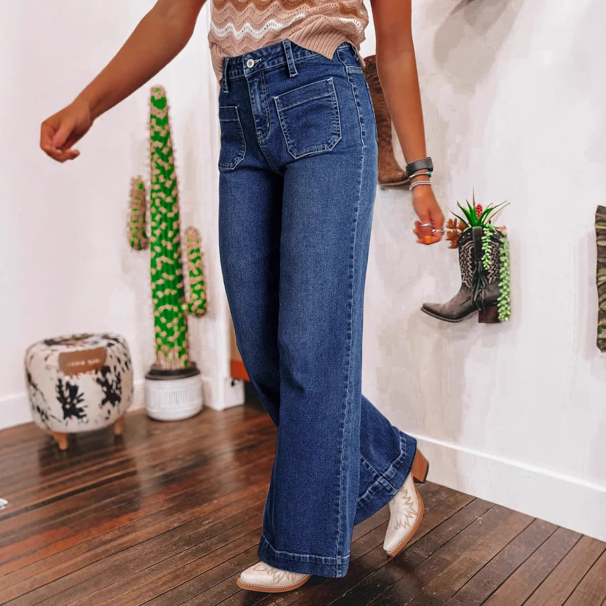 VAKKV 2025 cross-border  spring 2025 new dark blue high-waisted wide-leg jeans women's fashion retro straight-leg pants