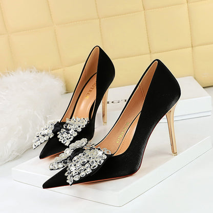 2025 1829-H9  banquet women's shoes metal heel super high heel satin light mouth pointed rhinestone bow single shoes