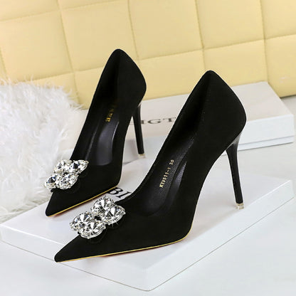 2025 9511-K59 Korean version of fashion banquet high heels stiletto ultra-high heel suede shallow mouth pointed rhinestone single shoes women's shoes