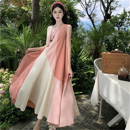 2025 Niche design sense color matching sleeveless loose dress long dress women's summer A version big pendulum seaside vacation wind beach skirt