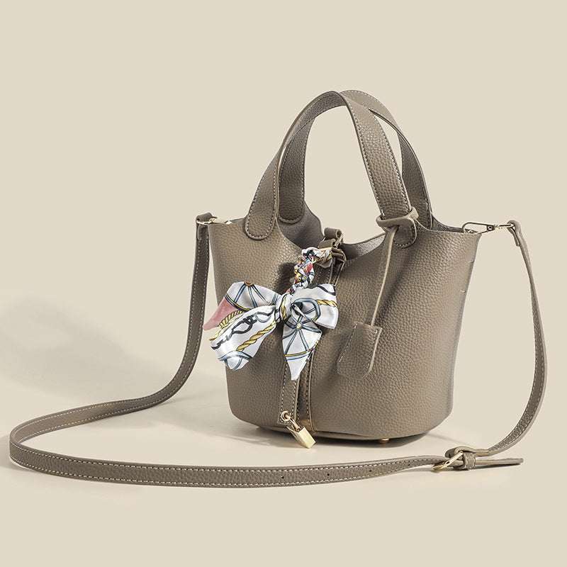 2025 popular New Women's Bag Lychee Pattern Soft Leather Vegetable Basket Bag Fashion Shoulder Bag Simple Versatile Handbag Bucket Bag