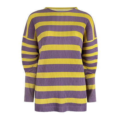 spring new Japanese crew neck striped sweater women's loose long-sleeved casual and thin pleated women's top