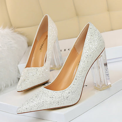 2025 9217-1  fashion transparent crystal heel thick heel high heel light mouth pointed head sexy nightclub shining sequined single shoes
