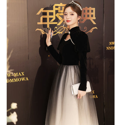 VAKKV Black Banquet Evening Dress for Women  New Art Exam Host Annual Party Dress Autumn and Winter Sense