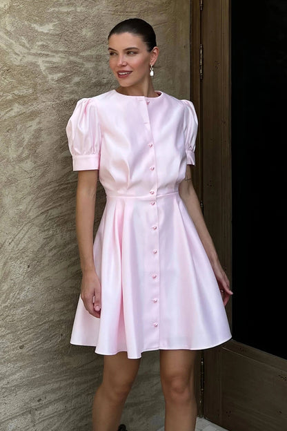 INS European and American cross-border round neck puff sleeves short sleeves pleated waist pearl buckle A-line midi dress dress women