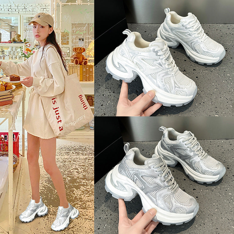 2025 spring and summer trendy silver thick-soled heightening dad shoes women's mesh breathable versatile casual sports shoes ins