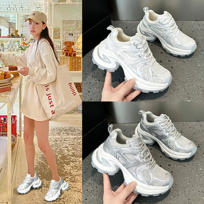 2025 spring and summer trendy silver thick-soled heightening dad shoes women's mesh breathable versatile casual sports shoes ins