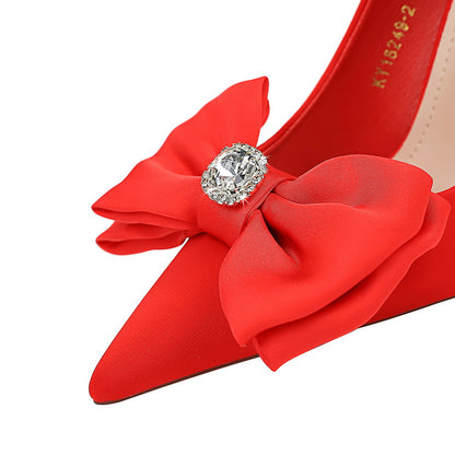 2025 18249-H33 Korean version of fashion banquet high heels thin heel shallow mouth pointed rhinestone bow high heel single shoes women
