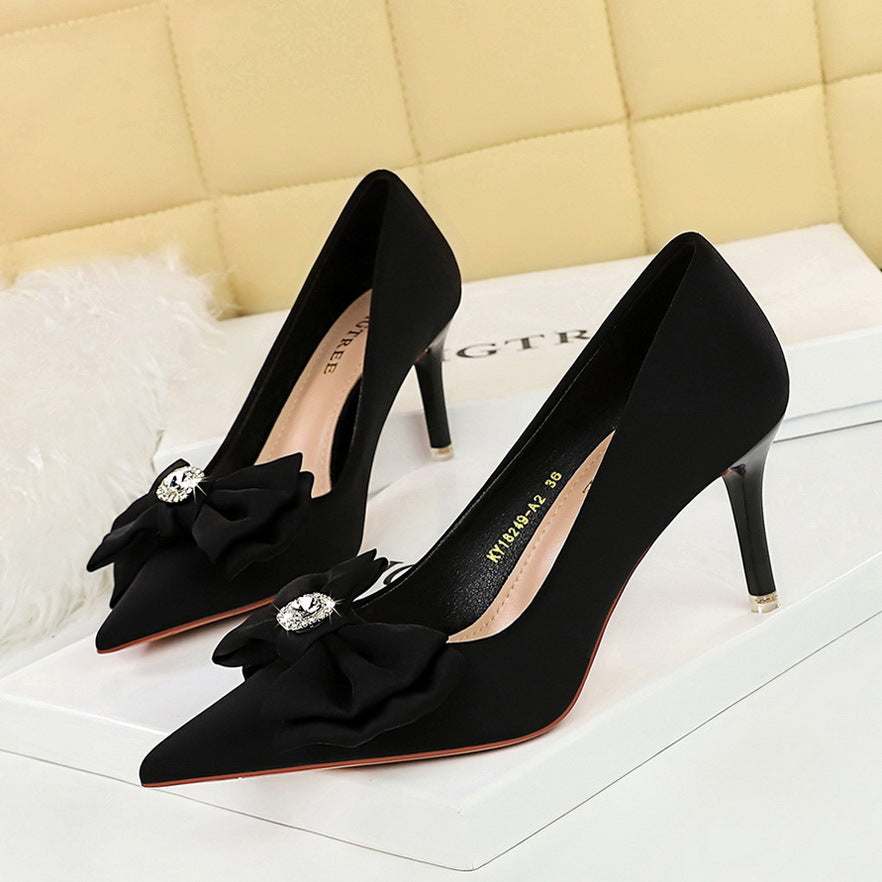 2025 18249-H33 Korean version of fashion banquet high heels thin heel shallow mouth pointed rhinestone bow high heel single shoes women