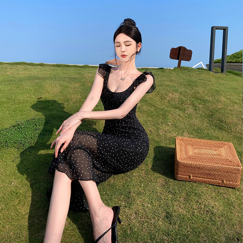 2025 Polka dot print black suspender dress summer slim chiffon waist ruffle edge halter sexy sleeveless long dress