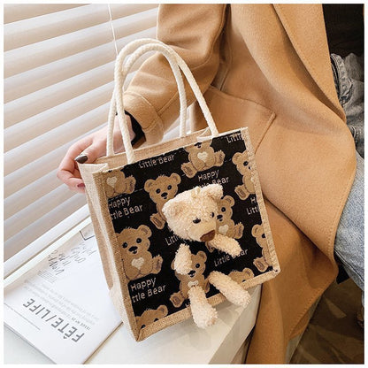 VAKKV Japanese ins cute bear lunch box bento bag  new fashion canvas Internet celebrity cartoon popular tote bag