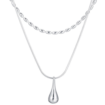 Water Drop Pendant Double-Layer Necklace for Women Niche Design Ins Cold Style Fashionable Simple Temperament Rice Grain Clavicle Chain