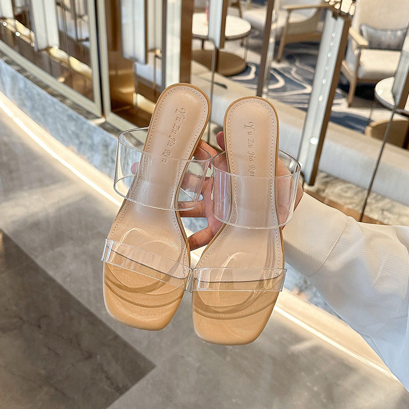 Size 32-Size 43  New Summer New Transparent Ankle-Strap Chunky Heel High Heel Slippers Outdoor Slipper