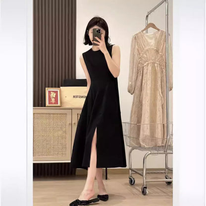 Black High-End Exquisite Dress  Spring New Women's Hepburn Style Slimming Vest Long Dress with High Texture