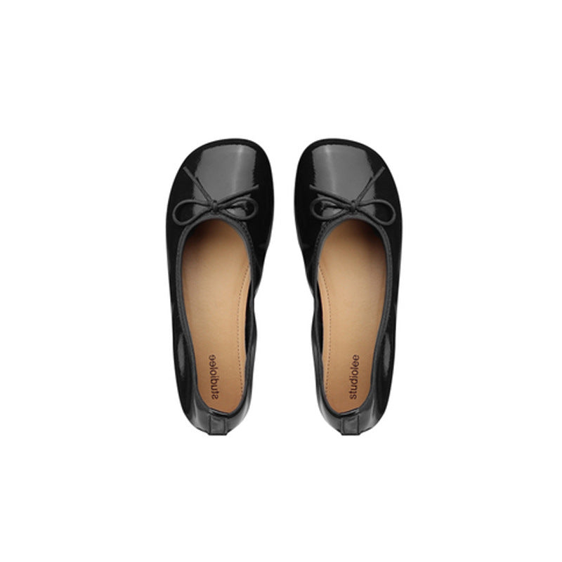 2025 Cowhide version~ Autumn new Korean version of versatile bow round head shallow mouth flat sole single shoes soft sole ballet shoes women