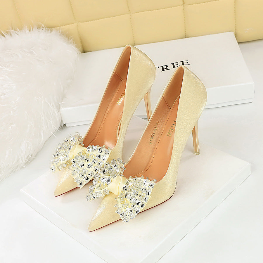 2025 1829-H9  banquet women's shoes metal heel super high heel satin light mouth pointed rhinestone bow single shoes