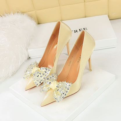 2025 1829-H9  banquet women's shoes metal heel super high heel satin light mouth pointed rhinestone bow single shoes
