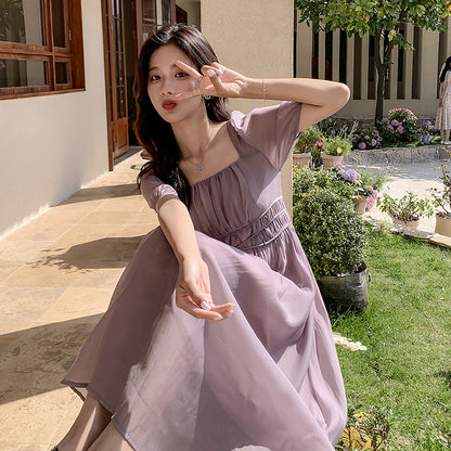 VAKKV  Real Shot  Purple Square-Neck Cinched Slimming Dress Women's  Style Young Elegant Texture Long Skirt