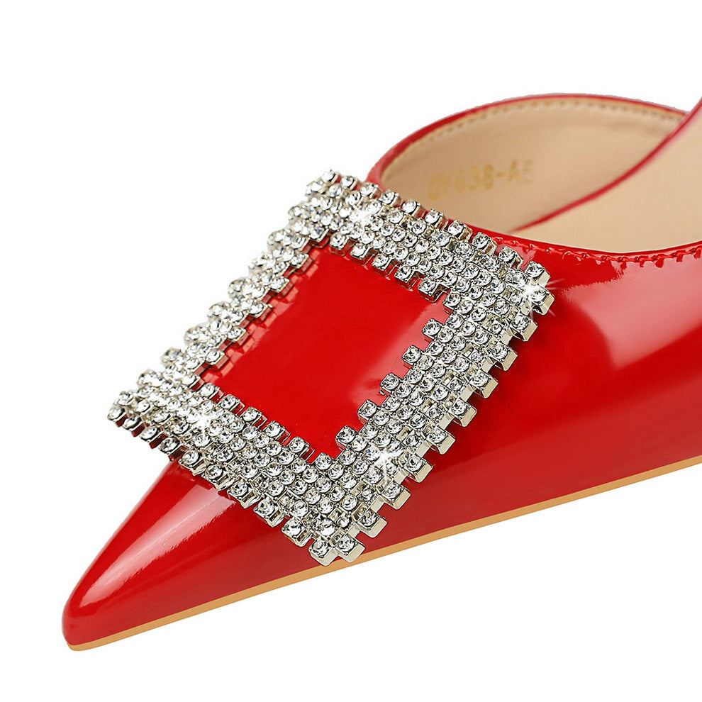 2025 638-AK63 banquet high heels women's shoes patent leather shallow mouth pointed side hollow square metal rhinestone buckle single shoes women