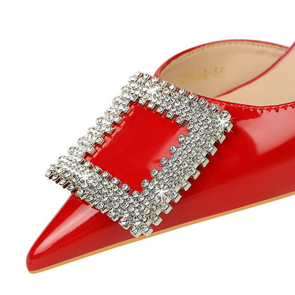 2025 638-AK63 banquet high heels women's shoes patent leather shallow mouth pointed side hollow square metal rhinestone buckle single shoes women