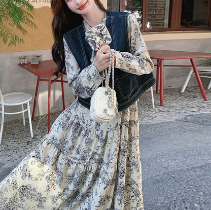 New Chinese ink painting dress set women's 2025 spring clothes new temperament gentle wind denim vest two-piece set