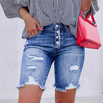 VAKKV popular  New Popular trade slim-fit breasted denim shorts women's street ripped rough edge leggings