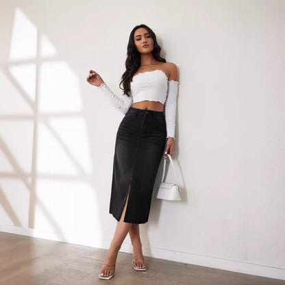 VAKKV Factory direct sales Popular trade New popular 2025n retro non-elastic half-body denim skirt women's medium and long split skirt
