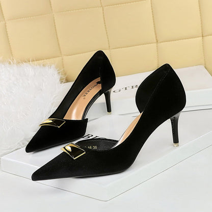 2025 1363-AK81  women's shoes thin heel high heel shallow mouth pointed side hollow metal decoration thickened suede single shoes