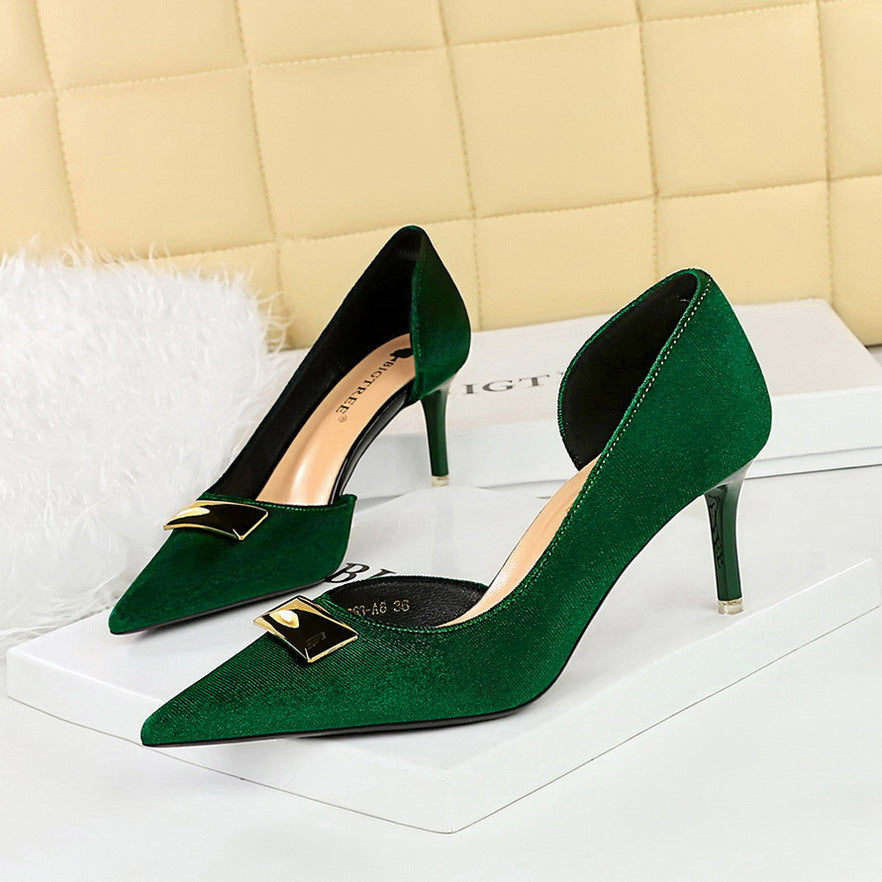 2025 1363-AK81  women's shoes thin heel high heel shallow mouth pointed side hollow metal decoration thickened suede single shoes
