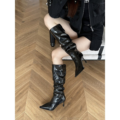 2025  2025 pointed-toed piled boots patent leather black boots women's high boots high-heeled knight boots brown thin-heeled boots
