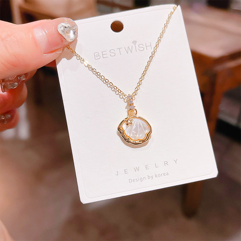 18K Thick Gold Color Retaining Quality Affordable Luxury Style Pearl Shell Necklace Korean Style Affordable Luxury Fashion High-Grade Clavicle Necklace