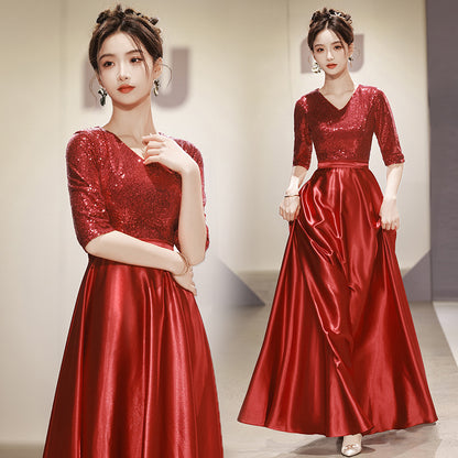 VAKKV Red Choir Long Dress Performance Costume Evening Dress Half Sleeve Adult Host Stage Competition Red Song Performance Costume