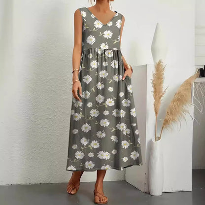 Cross-Border  Sleeveless Pocket Loose V-neck Dress Printed Summer New European and American Fashion Women's Clothing
