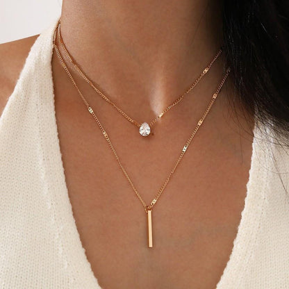 C096 HOT and NEW Cross Border Ornament Elegant Drop-Shaped Rhinestone Pendant Clavicle Chain Simple Long Stick Necklace Double Layer Twin