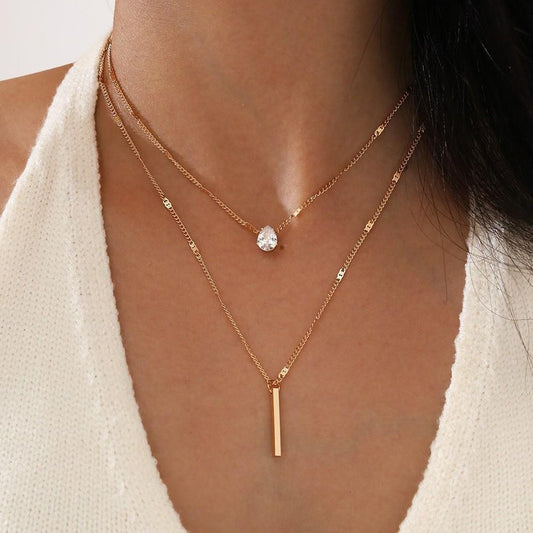 C096 HOT and NEW Cross Border Ornament Elegant Drop-Shaped Rhinestone Pendant Clavicle Chain Simple Long Stick Necklace Double Layer Twin