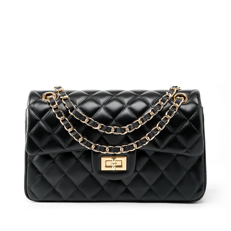 2025 Xiaoxiangfeng rhombus chain bag first layer cowhide fashionable versatile shoulder bag messenger bag genuine leather small square bag