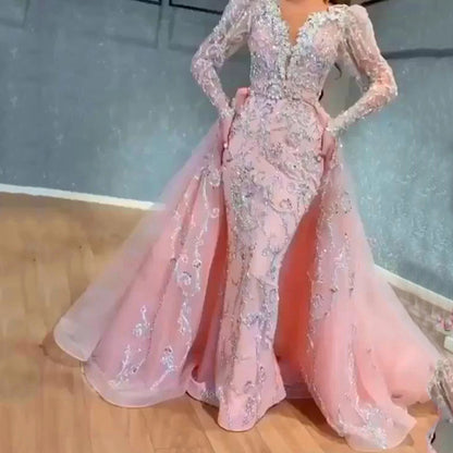2025 new 2025 New women's clothing , dress sexy V-neck long-sleeved gold trailing evening dress