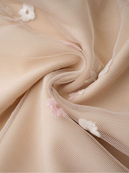 Pink string piece small flower mesh embroidered dress, 7 cm long flared sleeves, long dress, birthday party dress