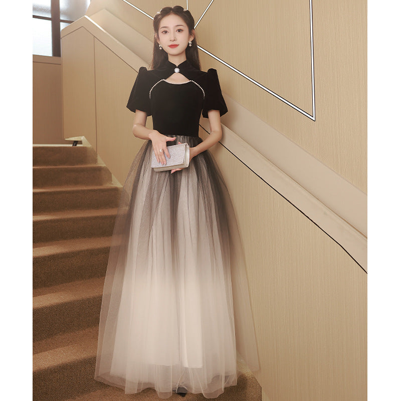 VAKKV Black Banquet Evening Dress for Women  New Art Exam Host Annual Party Dress Autumn and Winter Sense