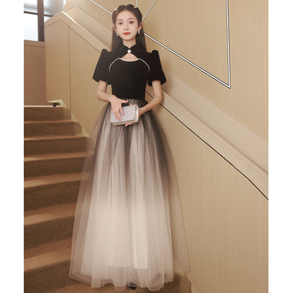 VAKKV Black Banquet Evening Dress for Women  New Art Exam Host Annual Party Dress Autumn and Winter Sense
