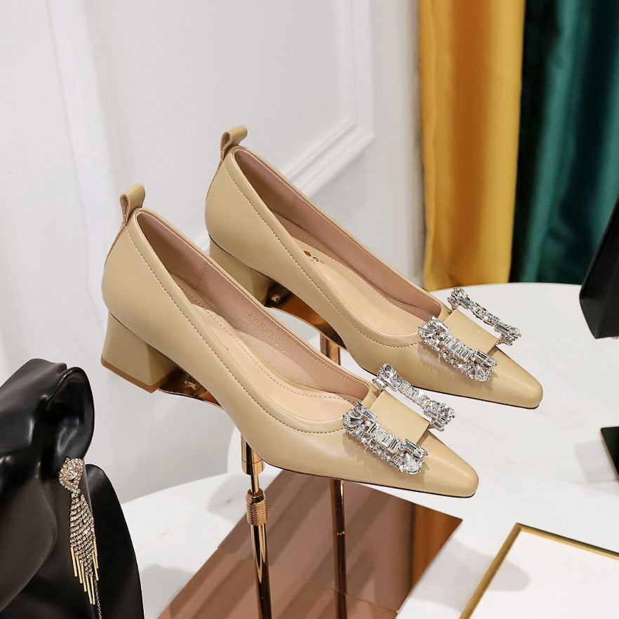2025 1235-2K72  style fashion banquet women's shoes comfortable thick heel medium heel light buckle metal rhinestone buckle women's shoes