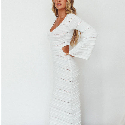 popular autumn and winter new  New sweater skirt women's long-sleeved sexy hollow Spice girl style knitted dress women