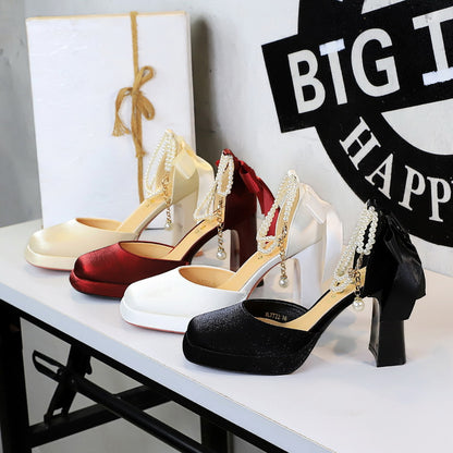 2025 7722-H79TP  satin back bow sandals thick heel square head hollow pearl word with high heel wedding shoes