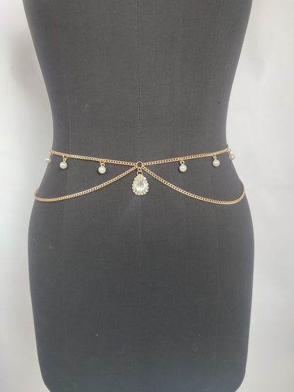 2025  MW3082 2025 waist chain crystal gemstone pearl grain pendant double layer cross metal thin chain waist chain