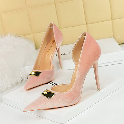 2025 1363-AK81  women's shoes thin heel high heel shallow mouth pointed side hollow metal decoration thickened suede single shoes