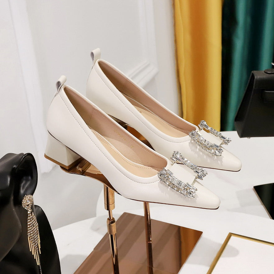 2025 1235-2K72  style fashion banquet women's shoes comfortable thick heel medium heel light buckle metal rhinestone buckle women's shoes