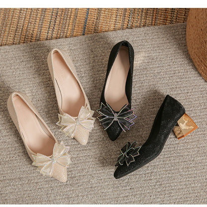 Style Pointed-Toe Fashion High Heels Women's Spring and Autumn New Chunky Heel Low-Cut Rhinestone Bow Temperament Wild Pumps